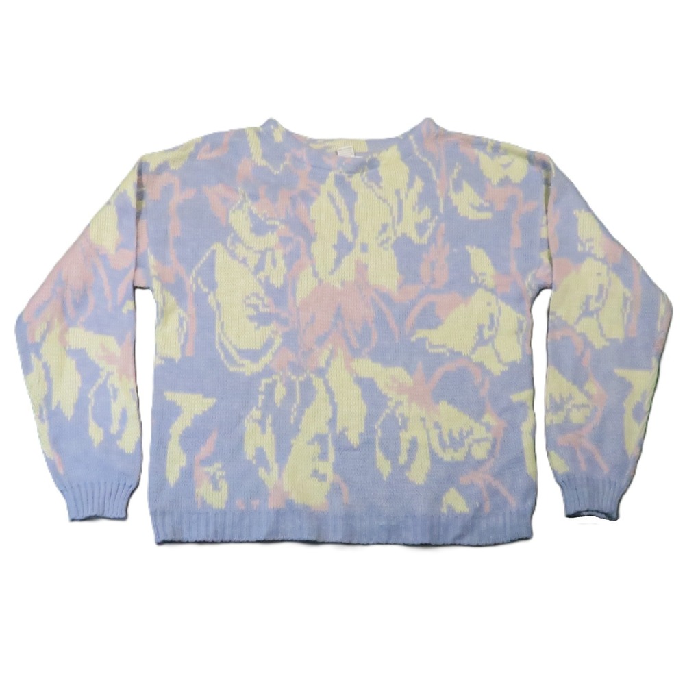 Vtg 80s Floral Sweater M Blue Cream Pastel Funky Artsy Abstract Girly Kawaii 90s